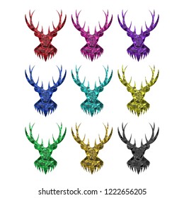 The deer head with horns on white background. Isolated image of the geometric shape.Color options.