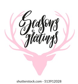 Deer head with horns silhouette with hand drawn calligraphy - design for greeting card or poster, banner, sticker. Hand drawn vector illustration for holiday season. 