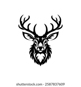 Deer Head Hunting logo design. Ornate Black and White Deer Head Silhouette Vector Art Illustration Design.