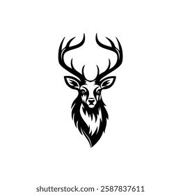 Deer Head Hunting logo design. Ornate Black and White Deer Head Silhouette Vector Art Illustration Design.