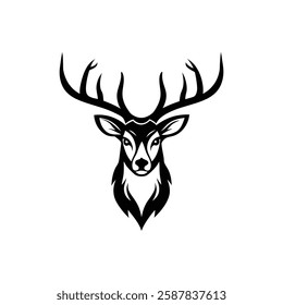 Deer Head Hunting logo design. Ornate Black and White Deer Head Silhouette Vector Art Illustration Design.