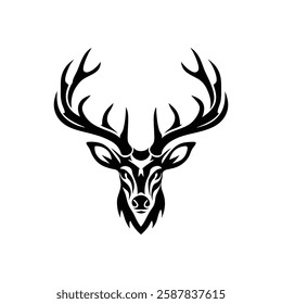 Deer Head Hunting logo design. Ornate Black and White Deer Head Silhouette Vector Art Illustration Design.