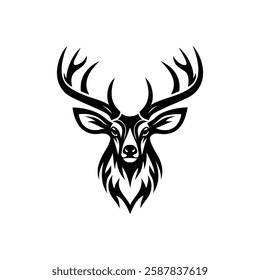 Deer Head Hunting logo design. Ornate Black and White Deer Head Silhouette Vector Art Illustration Design.