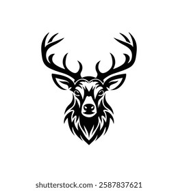 Deer Head Hunting logo design. Ornate Black and White Deer Head Silhouette Vector Art Illustration Design.