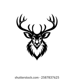 Deer Head Hunting logo design. Ornate Black and White Deer Head Silhouette Vector Art Illustration Design.