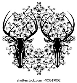 Deer Head Icon black and white color. Hand drawn illustration in style of heraldry. Print for a mascot and T-shirt or game graphic. Can be used for tattoo and logo.