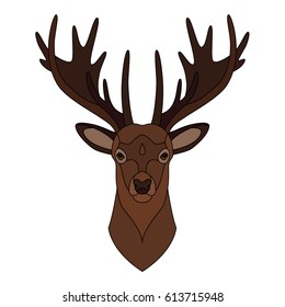 Deer head. Isolated brown reindeer with beautiful horns. Colorful vector illustration. Flat graphic illustration for t-shirt print, notebook or poster design.