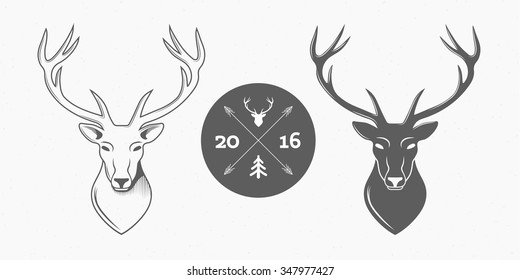 Deer Head Isolated Logo Set On White Background For Hunter Club, Hunting. Vector Illustration 