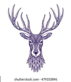 Deer head isolated on white background. Hand drawn vector illustration with floral elements