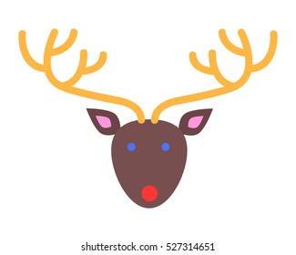 Deer head isolated on white background. Brown oval face with blue eyes and red mouth. Yellow long ramified horns. Cartoon style. New Year toy in fat style. Comic illustration in 80s 90s style. Vector