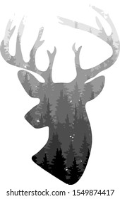 Deer head isolated with pine forest behind. on white background vector illustration