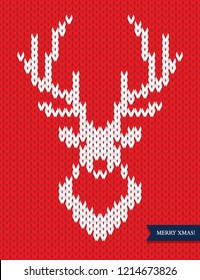Deer head knitted pattern on red background. Winter fashion, Christmas symbol. Greeting card or banner design element.