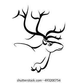 Deer head with large horns. Abstract illustration of a deer on white background. Logo is a forest animal, vector abstraction