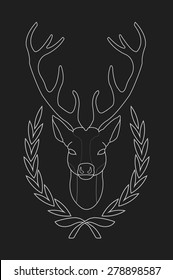 Deer head in laurel wreath heraldry emblem. Chalk vector clip art illustration isolated on blackboard