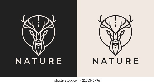 Deer head logo. Antler line icon. Reindeer Nature symbol. Elk horn emblem. Vector illustration.