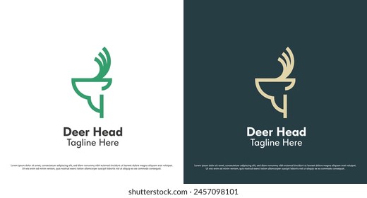 Deer head logo design illustration. Linear silhouette of deer antlers horn animal body herbivore wildlife mascot reindeer fawn elk gazelle buck stag. Modern minimalist  geometric simple icon symbol.