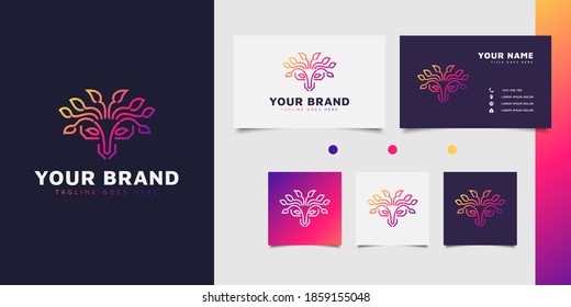 Deer head logo design with leaf ornament in colorful gradient concept