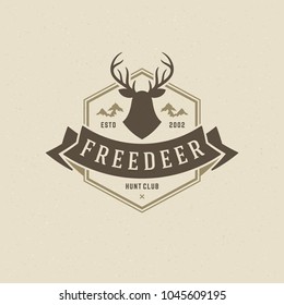 Deer head logo emblem vector illustration. Outdoor adventure leisure, Mountains silhouettes shirt, print stamp. Vintage typography badge design.
