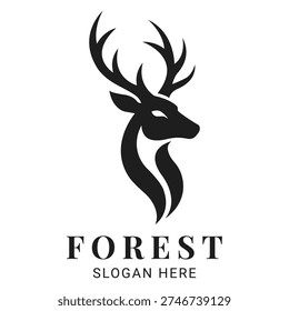 Deer head logo features a minimalist black silhouette of a stag with majestic antlers perfect for nature or hunting related brands