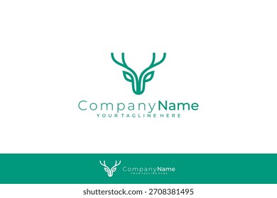 Logotipo de la cabeza del ciervo y una cornamenta Grande y fuerte, Plantilla de diseño de estilo de línea