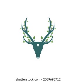 Deer head logo with leaf icon. Green deer head with house symbol