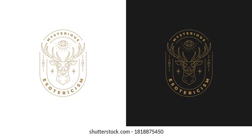 Deer head logo template with huge antlers silhouette linear vector illustration. Forest reindeer hunting minimal design outline style. Good for hunters club emblem or poster decoration.