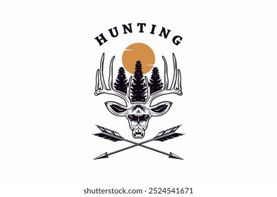 Deer head with long antlers, and natural leaves on a white background, logo design illustration.