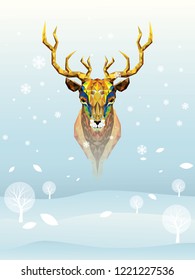 Deer head lowpolygon geometric pattern vector eps10 on winter background for merry christmas card poster flyer 