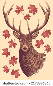 Deer head and maple leaves. Design set. Editable hand drawn illustration. Vector vintage engraving. 8 EPS
