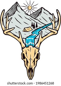 Diseño gráfico de camisetas del vectores del lago de montaña de la cabeza de ciervo