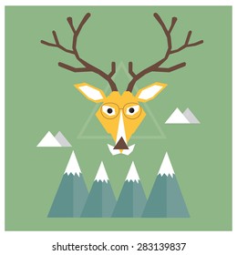 deer head and mountains on green background