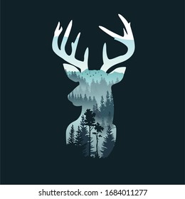 Deer head on landscape background with trees and mountains