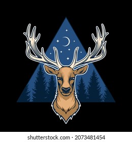 Deer head on the night forest background. Wild animal vector illustration