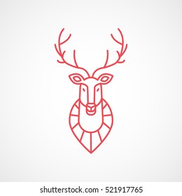 Deer Head On Wall Christmas New Year Red Line Icon On White Background