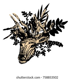 Deer head on white background. Vector sketch art. - stock vector