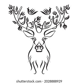 Deer head with ornament and birds vector illustration. Black and white drawing isolated on white. Deer with flowers braided into antlers. Calligraphy drawing. Tattoo design.