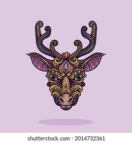 Deer head ornament illustration with lines and colors, vector illustration