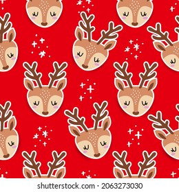 Deer head pattern design isolated on red background - funny hand drawn doodle, seamless pattern. Designer poster or t-shirt textile graphic design. Wallpaper, wrapping paper, background.