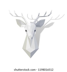 Deer head polygonal vector model. Low poly illustration for Christmas and New Year greeting card, home decoration, 3d paper fold design effect, animal style.