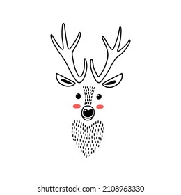 Deer head portrait. Stylized drawing reindeer in simple scandi style. Nursery scandinavian art. Black and white vector illustration