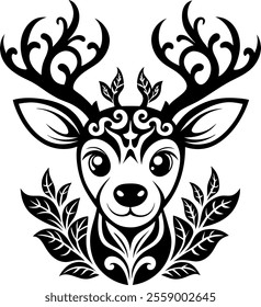 deer head, reindeer head, elegant, floret, leaf, antler, christmas