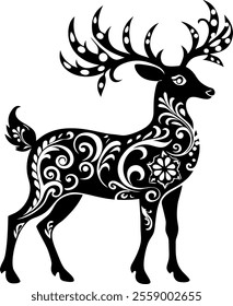 deer head, reindeer head, elegant, floret, leaf, antler, christmas