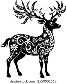 deer head, reindeer head, elegant, floret, leaf, antler, christmas