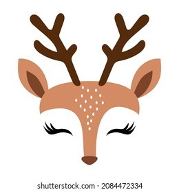 Deer Head, reindeer face with beautiful lashes. Vector illustration for card and shirt design for autumn holidays. Scandinavian design, good for clothes, baby shower, nursery decoration.