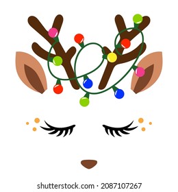 Deer Head, reindeer face with beautiful lashes. Vector illustration for card and shirt design for autumn holidays. Scandinavian design, good for clothes, baby shower, nursery decoration.