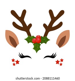 Deer Head, reindeer face with beautiful lashes. Vector illustration for card and shirt design for autumn holidays. Scandinavian design, good for clothes, baby shower, nursery decoration.