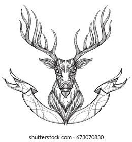 Deer head with ribbon. Hand drawn, sketch style. Outline vector illustration isolated on white background for printing on T-shirts, posters, tattoos and other items.