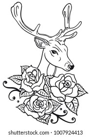 Deer head with roses and leaves. Suitable for Oktoberfest. 