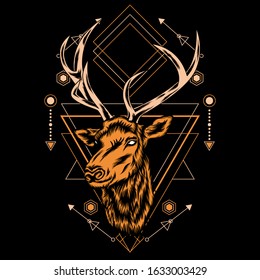 Deer head with sacred geometry pattern on black background-vector retro illustration, For Wallpaper, Banner, T-shirt, Poster, Hoodie, Tottebag, Background, Card, Book Illustration, And Web Landing Pag