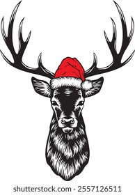 Deer Head with Santa Hat. Vector Illustration.